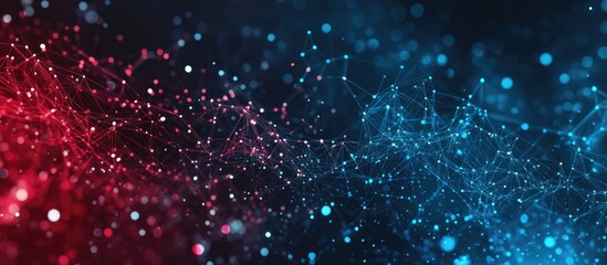 Poster - Artistic illustration of a blockchain network set against a dark abstract background with red and blue hues featuring interconnected lines and dots