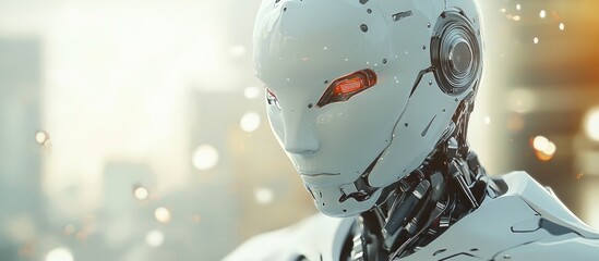 Poster - 3D rendered cyborg robot set against a blurred backdrop highlighting advancements in innovative technology and automation