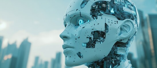 Poster - Close up of an abstract digital human face against a blue city backdrop illustrating themes of technology and robotics through 3D rendering