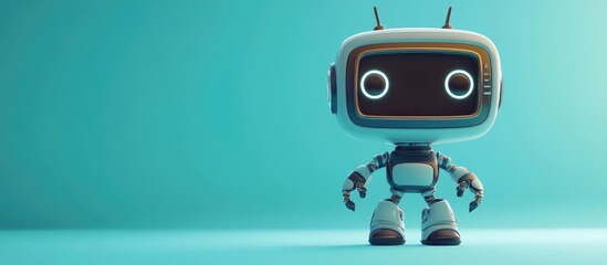 Poster - 3D robot character with a retro TV shaped head depicted in a charming cartoon style A creative technology concept design showcasing a friendly cyborg in a vibrant illustration