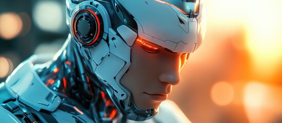 Poster - cyborg hero prepared for action in a comic style featuring ample copy space 3d digital illustration