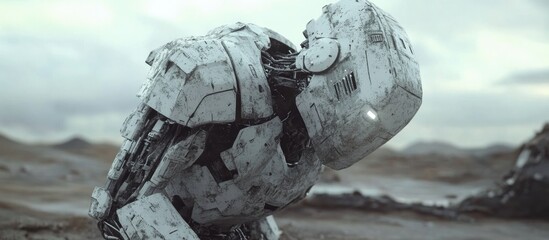 Poster - Futuristic armored robot in a post apocalyptic setting 3D rendering