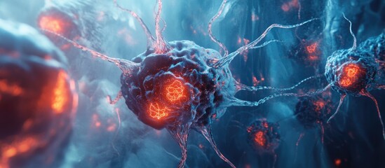 Poster - Neural cells and robotic elements exploring futuristic AI and deep learning technology interconnected social networks and human health through creative illustration in 3D rendering