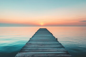 Wall Mural - A tranquil wooden pier extends over calm waters at sunset. Soft pastel skies and a serene atmosphere create a peaceful scene for relaxation and reflection. Generative AI