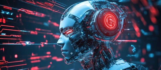 Poster - Humanoid robot design featuring metaverse and cyberpunk themes created through 3D rendering techniques
