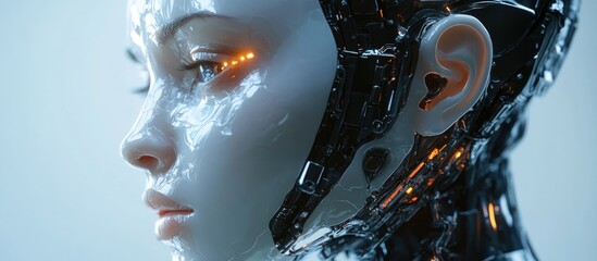Poster - Female cyborg portrait featuring detailed pearl like artificial skin showcasing virtual reality and AI conceptual design in 3D rendering