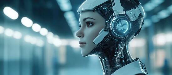 Poster - Female utilizing AI for document management in contemporary medical technology and IoT automation