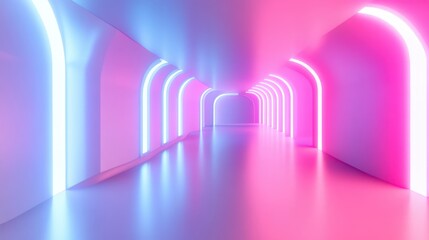Poster - Futuristic abstract interior design featuring glowing pink and blue neon tubes in a white space 3D illustration and rendering