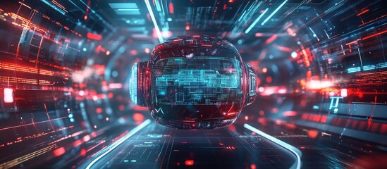 Poster - Futuristic interface technology in a virtual world showcasing the concept of the metaverse through a detailed 3D illustration