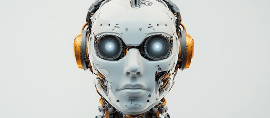 Poster - A robotic android head connected to various technological components featuring a single visor