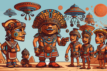 Aztecs interaction whith aliens illustration