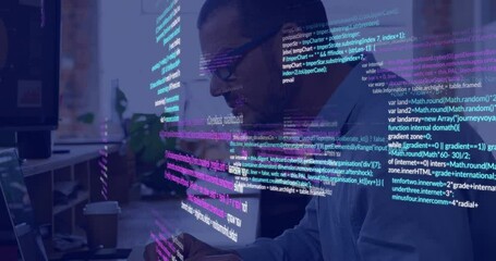 Poster - Programming code animation over person working on computer in office