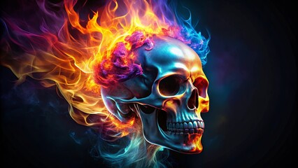 Colorful skull with flames on its face and flamey face on the back of its head