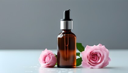 Elegant facial serum in glass dropper bottle with pink roses on white podium against grey backdrop, embodying natural beauty and minimalist skincare aesthetics.