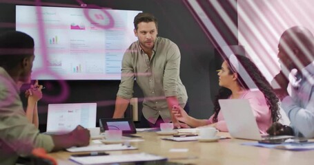 Poster - Business meeting with data analytics animation over diverse team discussing reports