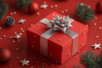 A festive red gift box adorned with silver ribbon, surrounded by holiday decorations.