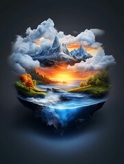 Wall Mural - Radiant Sunset Illuminating Fantasy Landscape - Isometric View Digital Painting with Clear Light and Sharp Focus