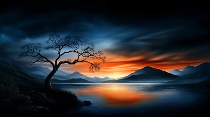 Wall Mural - Scenic Sunset Shadows in Wilderness: Vibrant Panini Projection Color Pencil Art with Tranquil Atmosphere and Sharp Focus Detail
