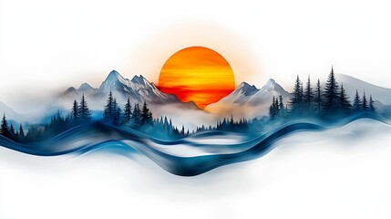 Wall Mural - Serene Wilderness Sunset in Watercolor Style with Golden Hour Glow and Clear Light Details
