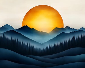 Wall Mural - Tranquil Sunset with Golden Rays in Wilderness Watercolor Style - High Detail and Sharp Focus Capturing Serene Beauty
