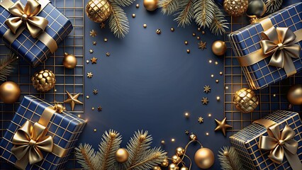 Wall Mural - Elegant Christmas background with gold and navy blue color scheme featuring a grid of holiday gifts, perfect for festive designs and messages