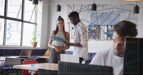 Poster - Discussing project, colleagues in office with city map and data analysis animation