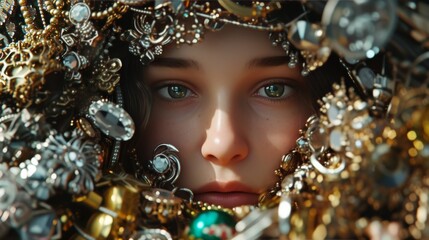 A close-up of a woman's face surrounded by a cascade of intricate, shining jewelry. The image captures the opulence and allure of luxury, highlighting the delicate features of the subject's face