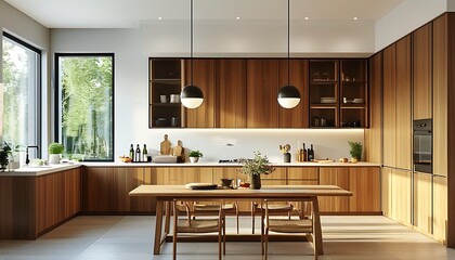 The interior of the modern kitchen is clean and tidy, with wooden cabinets and bright windows. The furniture is reasonably arranged and suitable for family gatherings and cooking places.