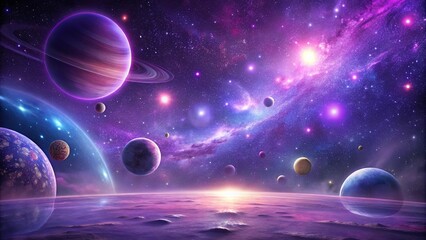Wall Mural - an enchanting purple abstract background featuring a glowing milky way galaxy and multiple planets