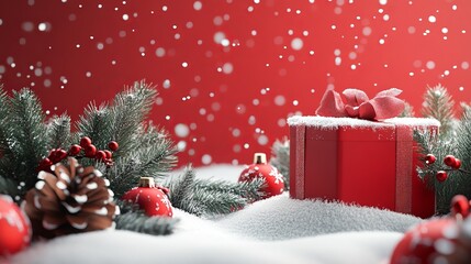 A festive scene featuring a red gift box surrounded by snow, pine, and ornaments.