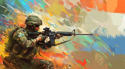 A digital painting of a soldier in full gear, holding a rifle and wearing protective equipment against the backdrop of India flag.