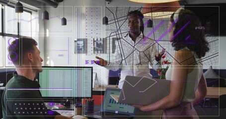 Poster - Business meeting in office with data visualization and network mapping animation