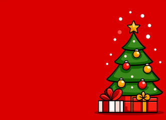 Wall Mural - a red background with a green christmas tree and presents. the tree is decorated with lights and orn