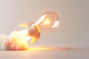 innovative lightbulb rocket launch on soft gray background