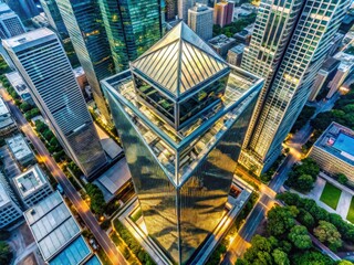 Aerial View Of A Modern Skyscraper With A Glass Facade And Sharp Angles, Revealing The Intricate Urban Landscape Below.