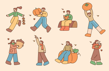 Poster - people dressed in autumn clothes are holding pumpkins, persimmons, and acorns, or reading books. out