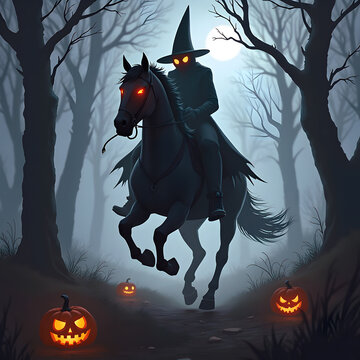Happy Halloween Orange Background. House on Halloween night. Spooky Halloween Image