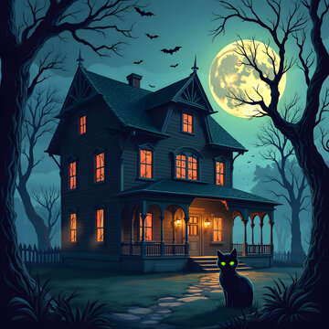 Happy Halloween Orange Background. House on Halloween night. Spooky Halloween Image