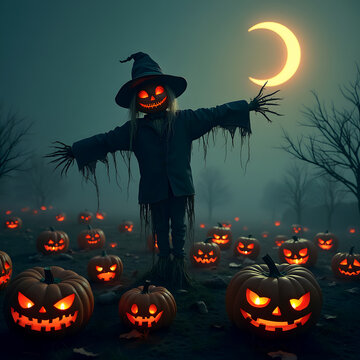 Happy Halloween Orange Background. House on Halloween night. Spooky Halloween Image