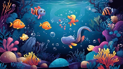 Wall Mural - Underwater Scene with Colorful Fish and Coral Reefs