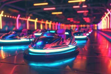 A bumper car booth at an amusement park with artificial light