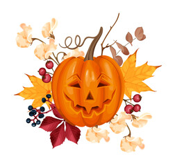 jack-o'-lantern with autumn leaves, berries, and white flowers, perfect for halloween or fall-themed
