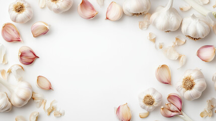 frame of herbs and spices, flat lay with garlic, Garlic, food ingredient, vegetable