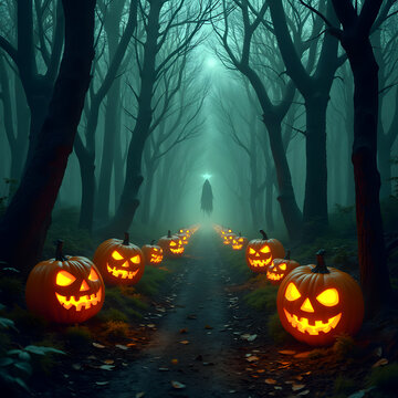 Happy Halloween Orange Background. House on Halloween night. Spooky Halloween Image