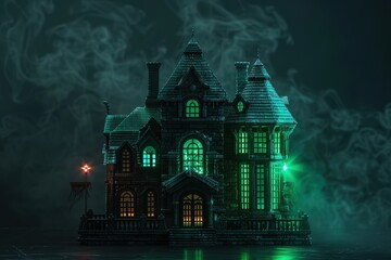 Wall Mural - A large haunted mansion in a foggy atmosphere