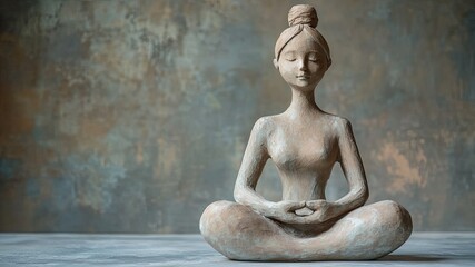 Peaceful clay sculpture of a meditative girl, serene background, perfect for promoting mindfulness, relaxation, and calmness in wellness content.