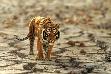 A tiger standing on parched ground