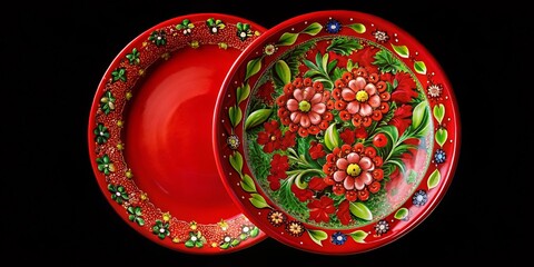 Vibrant red plate with floral and green decorations on black background