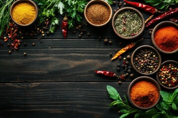 Wall Mural - A variety of spices in bowls on a wooden surface, showcasing culinary ingredients.