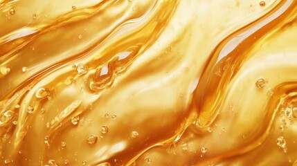 Golden liquid waves with bubbles creating a mesmerizing abstract texture, perfect for backgrounds and design elements.